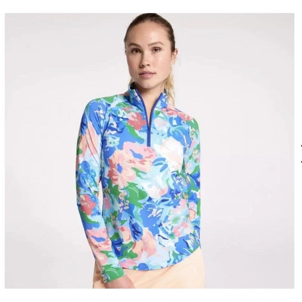 NWT Walter Hagen Blue Gouache Floral Performance 11 UV Quarter Zip Size Medium